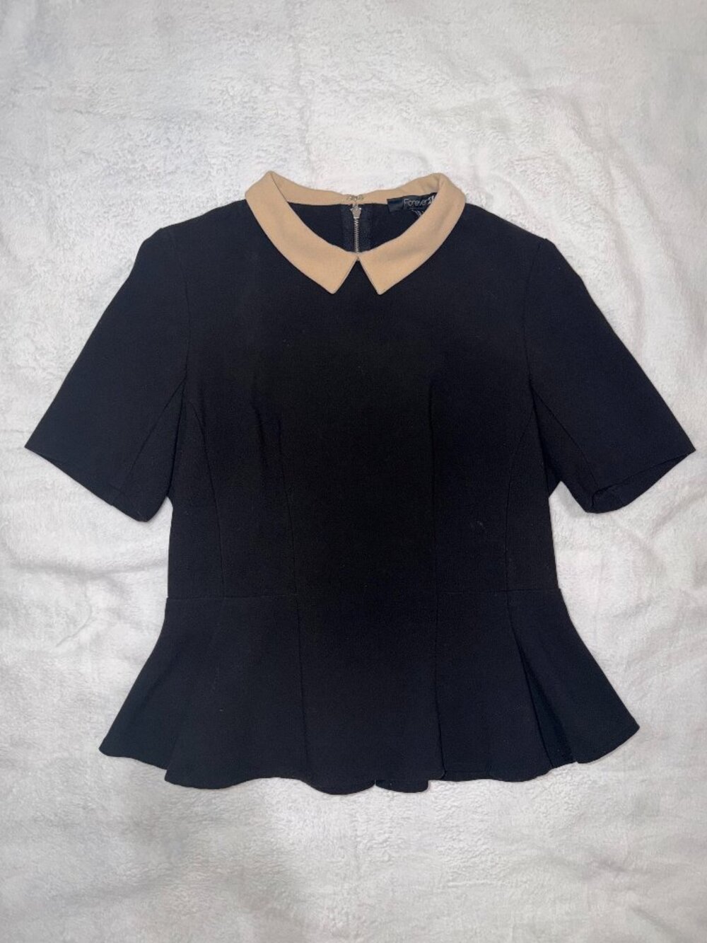 Forever 21 Black Peplum Top w/ Tan Peter Pan Collar Size L